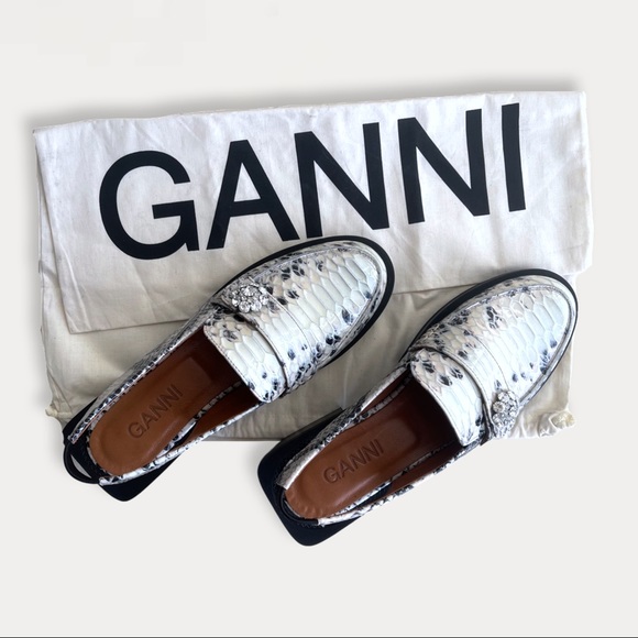 GANNI Women Crystal Embellish Snakeskin Leather Slingback Loafers (US7 /EUR37). - Picture 6 of 7
